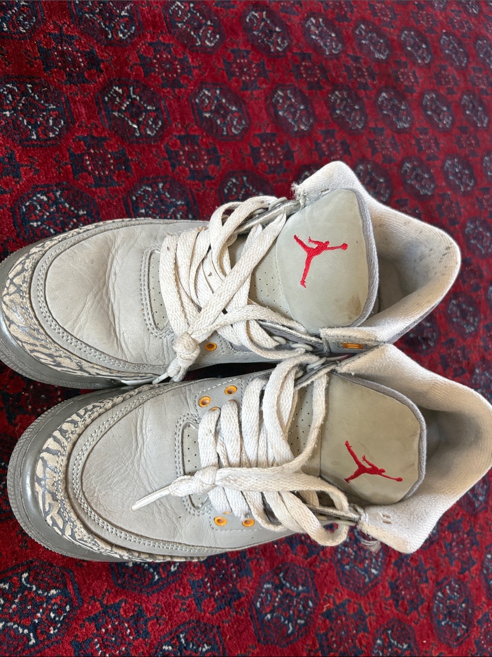 Jordan Light Gray and Red Retro Basketball Sneakers